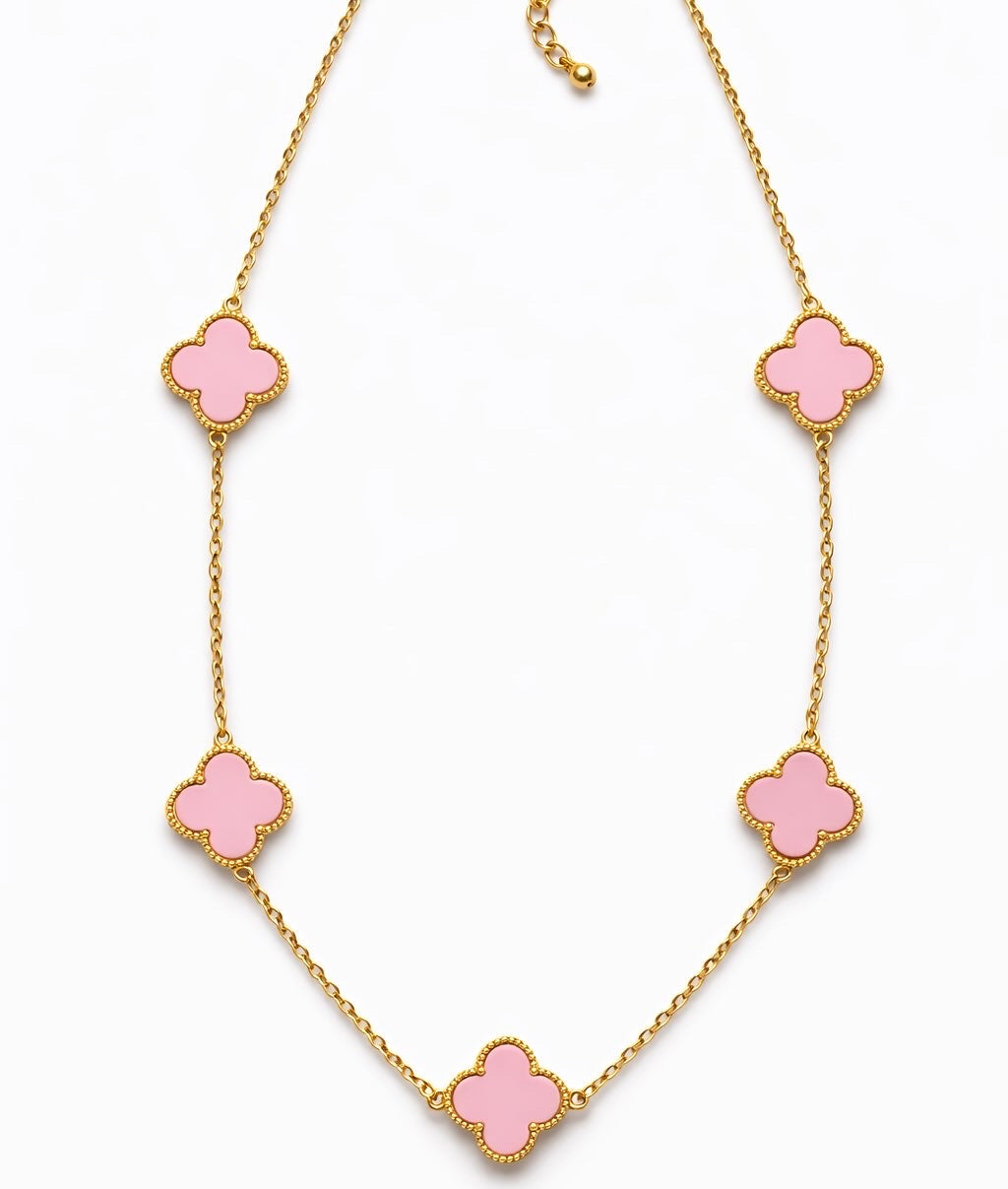 Collar Trébol Rosa Acrílico Bañado en Oro