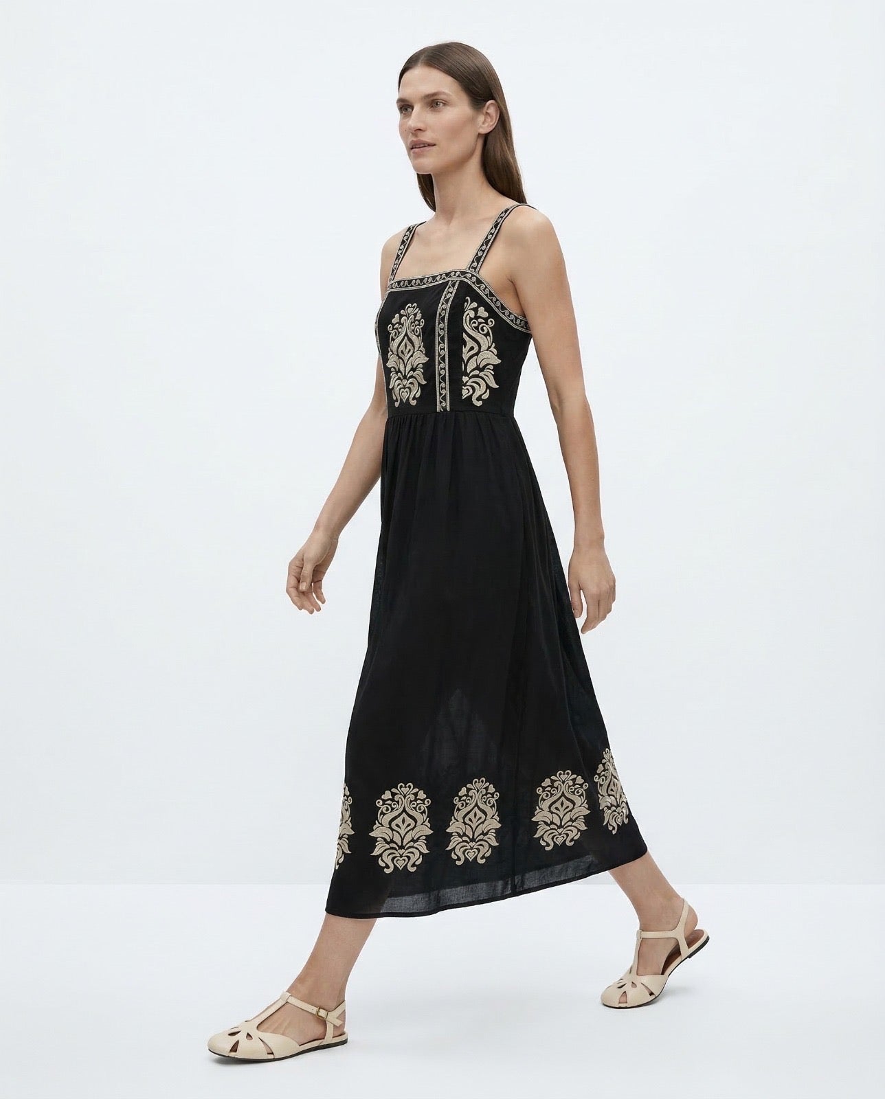 Vestido Midi de Lino con Bordados