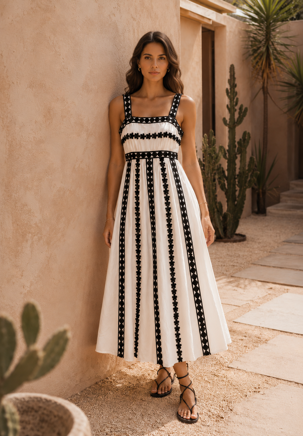 Vestido Largo de Algodón con Bordados en Contraste