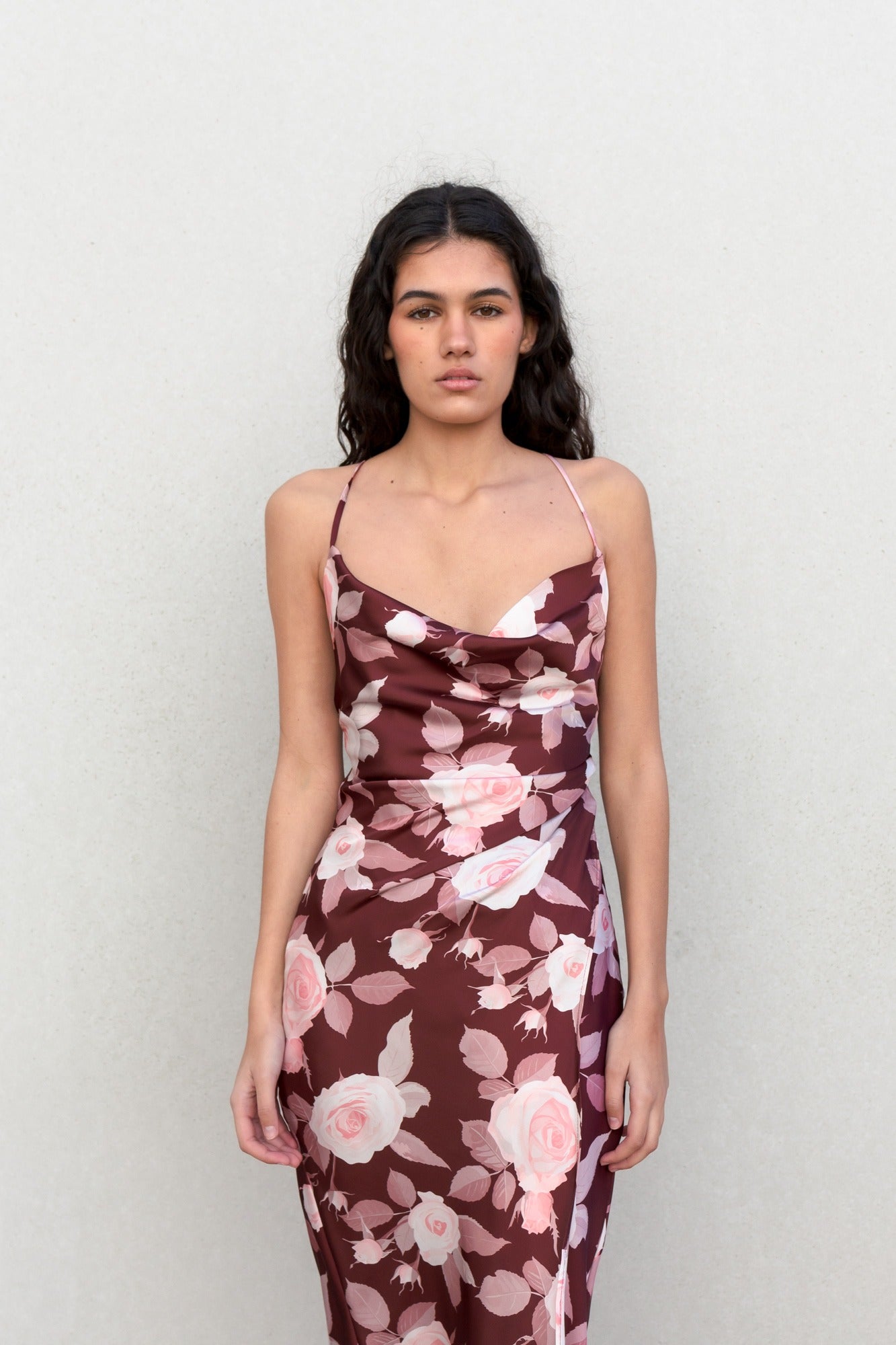 Vestido Midi Satinado Con Estampado Floral