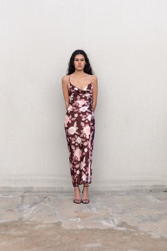 Vestido Midi Satinado Con Estampado Floral