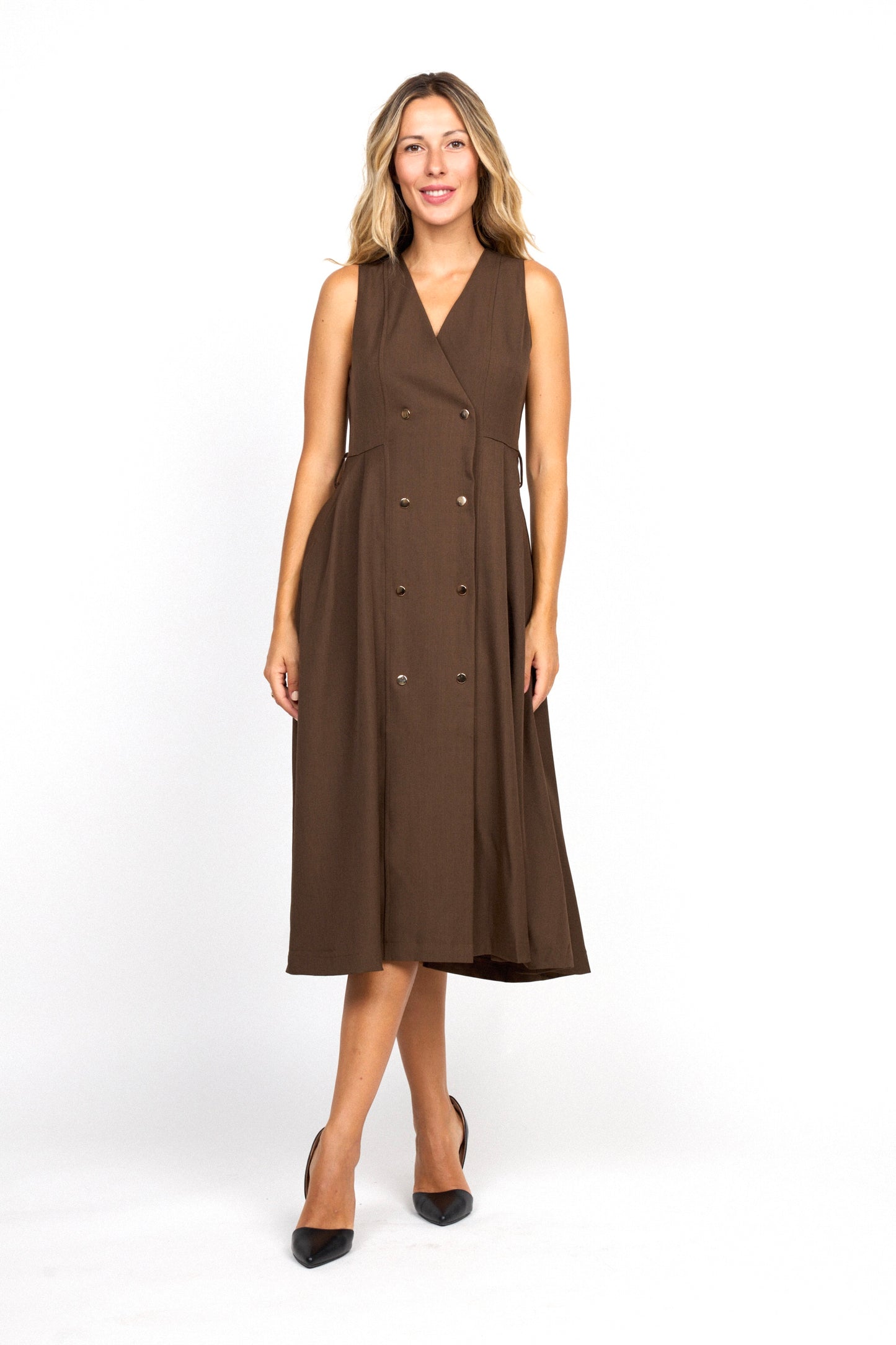 Vestido Midi Cruzado con Botones Dorados