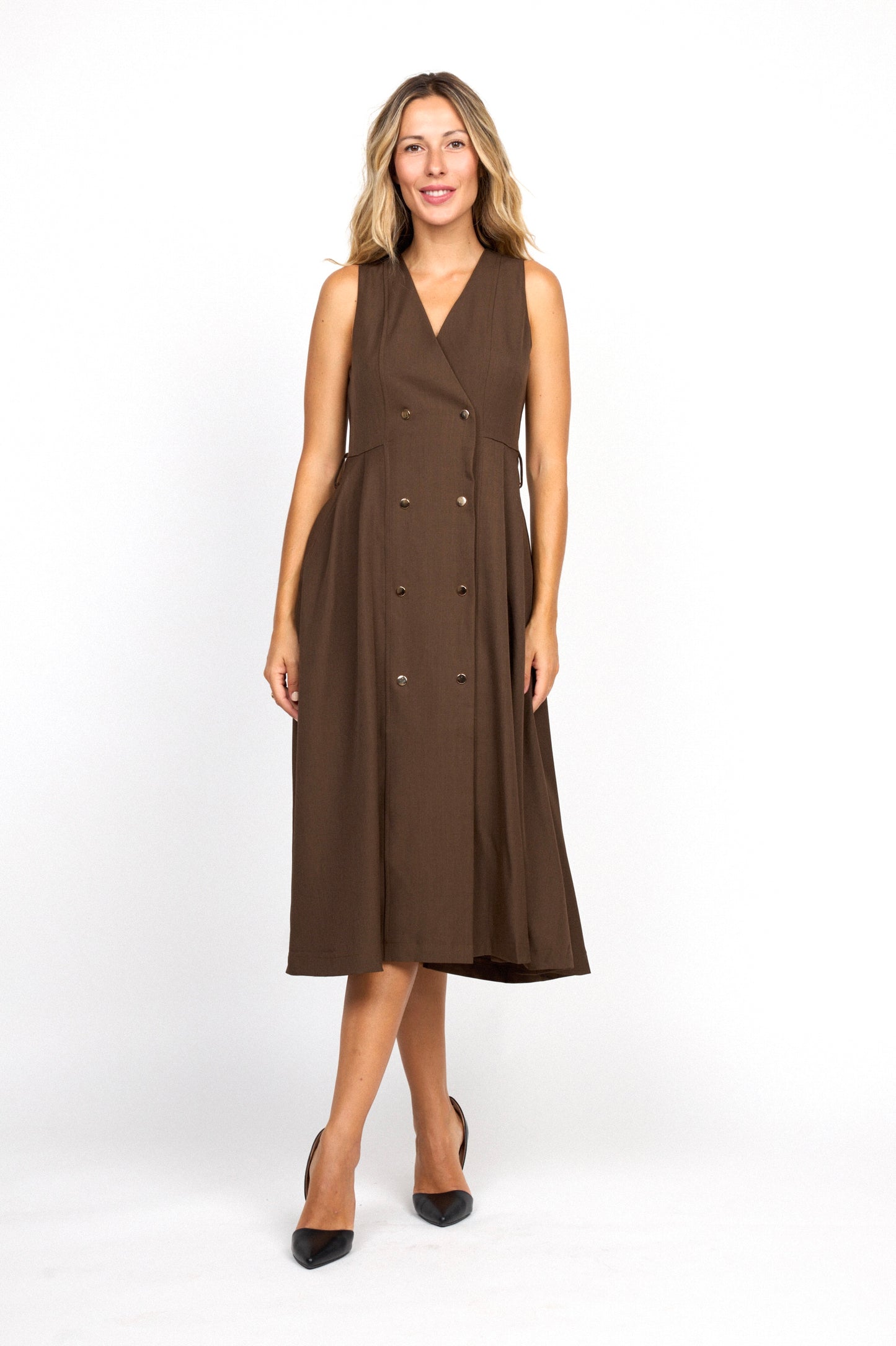 Vestido Midi Cruzado con Botones Dorados