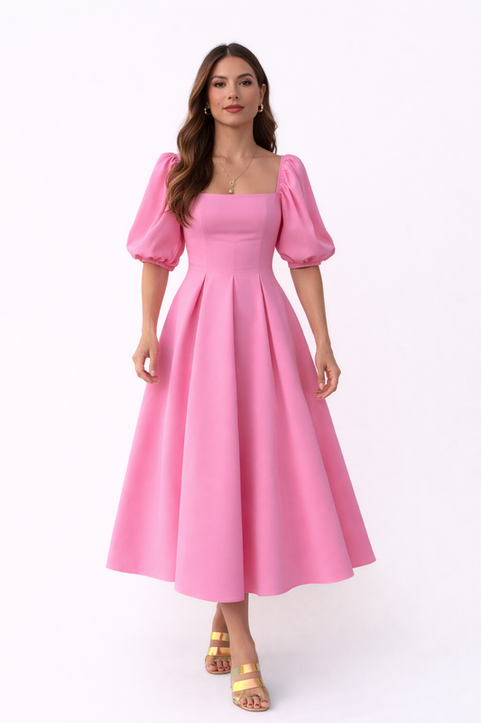 Vestido Midi Mangas Abullonadas