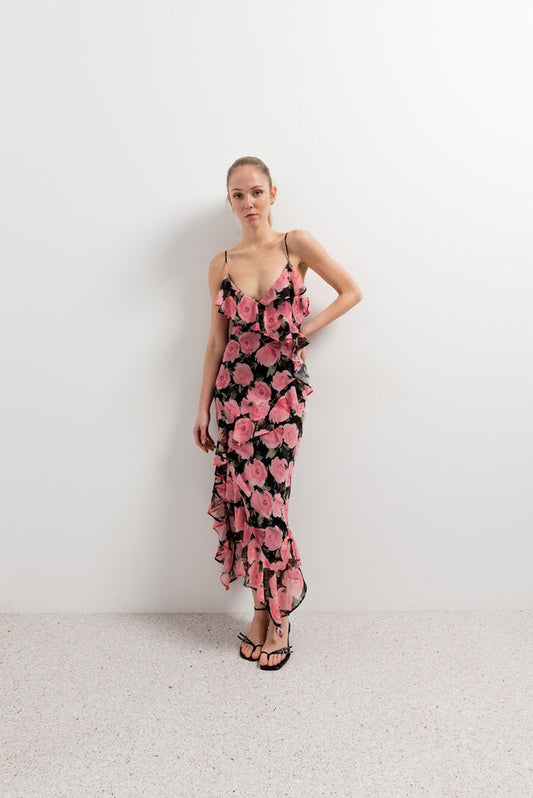 Vestido Midi Estampado Con Volantes