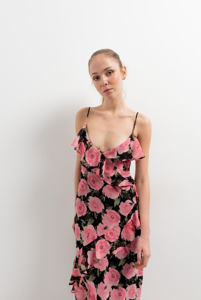 Vestido Midi Estampado Con Volantes